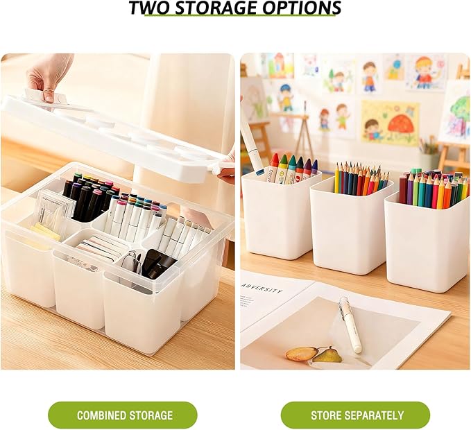 loobuu Plastic Storage Bins with Lids Art Craft Supply Organizer Box with Brush Pot Multipurpose Stackable Storage Containers for Organizing Tool Craft CrayonSewing(White)