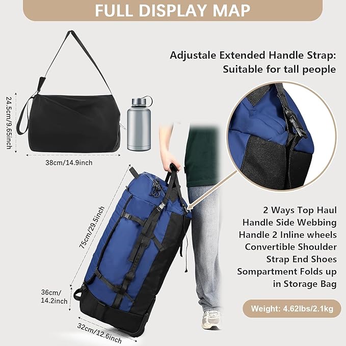 Rolling Duffle Bag with Wheels86L 30”Carry on Luggage with WheelsFolding Travel BagDuffle Backpack with Separate Shoe Compartment (dark blue)