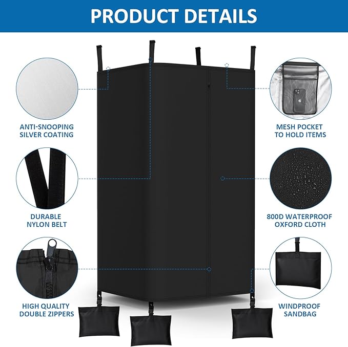 Privacy Tent for Boats 800D Waterproof Fabric Boat Privacy Curtain Pontoons Changing Room with Windproof Sandbags Easy to Install Under Bimini Top 30 D x 27 x W 72 H