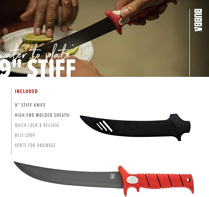 BUBBA 9 Inch Stiff Fillet Knife with Non-Slip Grip Handle Full Tang Beveled Sushi Style Stainless Steel Non-Stick Thick Blade Lanyard Hole and Synthetic Sheath for Fishing Hunting and Cooking