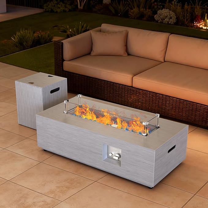 2-Piece 42 Rectangular Propane Fire Pit for Outside Patio with Hidden Tank Table 50000 BTU Fireplaces with Glass Wind Guard Lid Glass Rocks Cover(Light Grey)