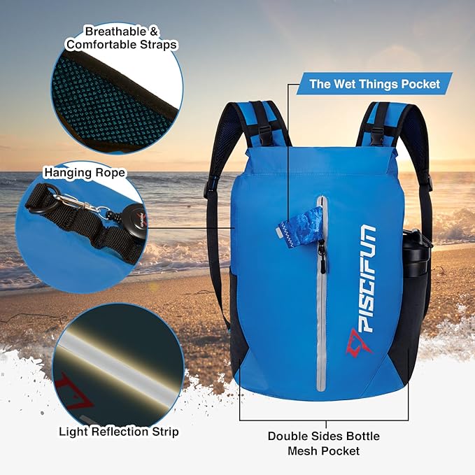 Piscifun Dry Bag Waterproof Lightweight Dry Backpack Roll-Top Sealed with Waist Pouch and Phone Case Keeps Gear Dry Inside for Kayaking Boating 10L 20L 30L