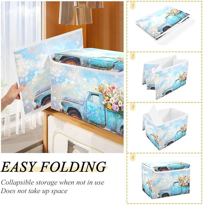 AIXIWAWA Lidded Storage Cube (Flower Truck) Fabric Foldable Closet Bins with Flip Lid and Handles Organizer Basket Container 16.5 x 12.6 x 11.8 IN