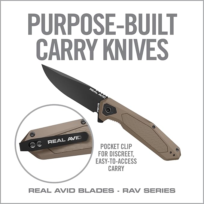 Real Avid RAV-3 EDC Knife | Pocket Knife 3.25 Drop Point Blade 8Cr13MoV Steel Durable Knife with Aluminum Handle + SS and Black Oxide Finish