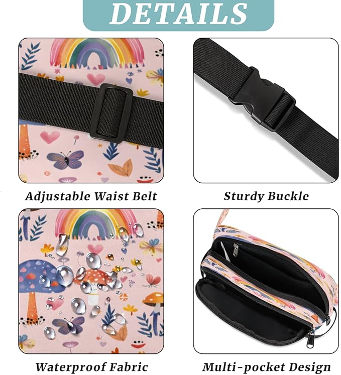 Hand Painted Mushroom Butterfly Flower Waterproof Fanny Pack for Women Men Adjustable Waist Bag with Double Zipper Pockets Lightweight Square Hip Pack for Running Travel Hiking Workout Cycling