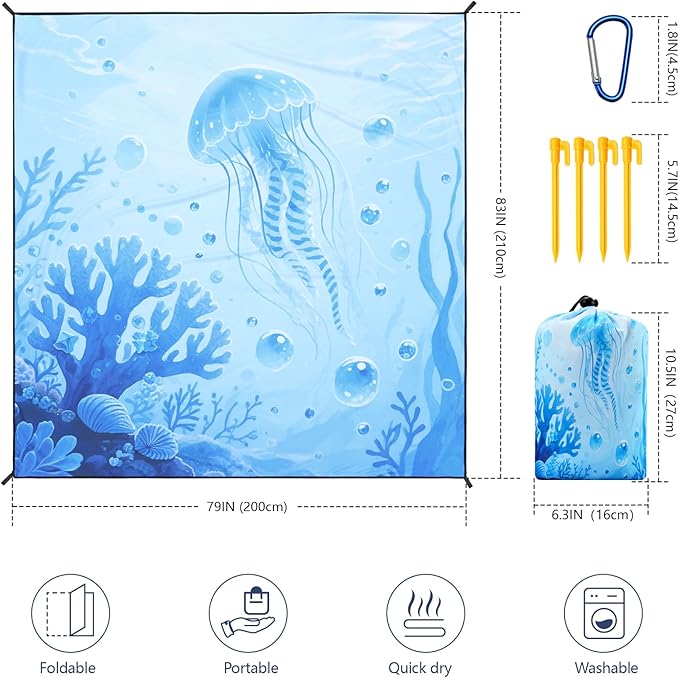 Beach Blanket Waterproof Sandproof Beach Mat 79 X 83/10'x9'for 2-8 Adults Quick Drying Outdoor Picnic Mat Beach Accessories for Travel Camping Hiking