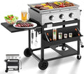 MELLCOM 3 Burner 30000 BTU Outdoor Gas Griddle with Lid (Side Shelf) Portable Flat Top Griddle 28 Inch Heavy- Duty Cast lron Grill Bottle Rack &amp Grease Pan for Camping Picnic Patio