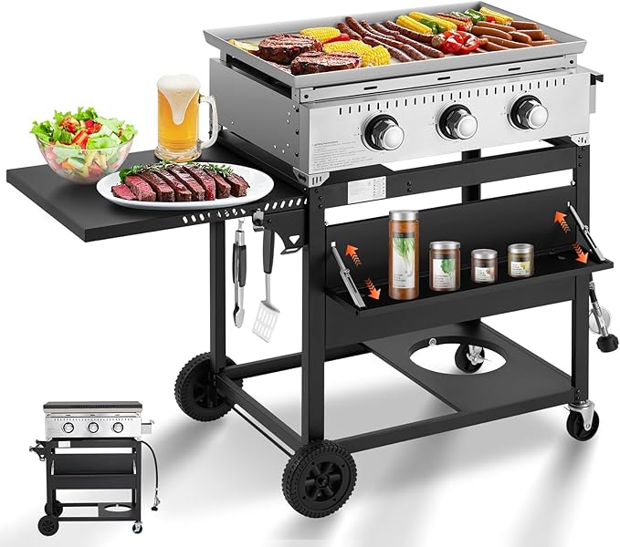 MELLCOM 3 Burner 30000 BTU Outdoor Gas Griddle with Lid (Side Shelf) Portable Flat Top Griddle 28 Inch Heavy- Duty Cast lron Grill Bottle Rack &amp Grease Pan for Camping Picnic Patio