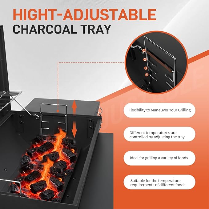 Outvita Barrel Charcoal Grill with Warming Rack Outdoor BBQ Grill with Side Front Table with Nearly 564 Sq.In. Cooking Grid Area for Backyard Patio Picnic Parties Camping Black