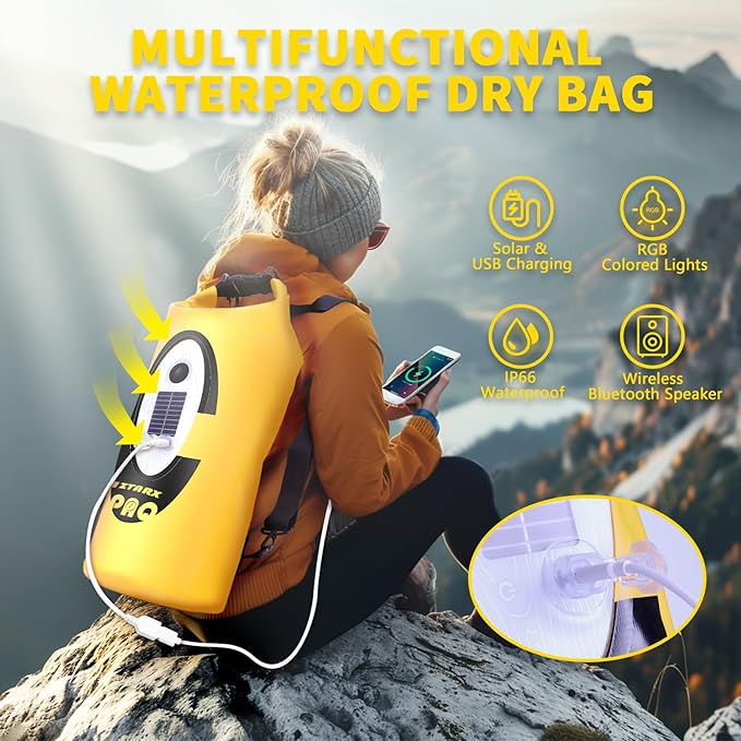 FELICON Solar/Battery Powered Multi-Functional Backpack with Bluetooth SpeakerIP66 Waterproof Dry BagHeavy Duty Roll Top ClosureLarge Capacity Bag for CampingHikingTraveling (Yellow 10L)