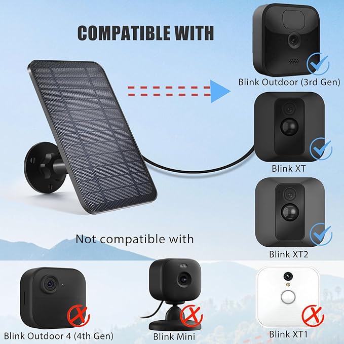 Solar Panel for Blink Camera Solar Panel Compatible with Blink Outdoor (3rd Gen) XT XT2 Camera IP65 Waterproof 13.12ft Cable Wall Mount