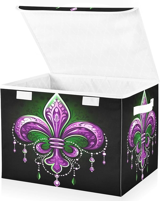 Storage Baskets with Lids Collapsible Bins Stackable Mardi Gras Fabric Linen Baskets Closet Organizer Container 16.5x12.6x11.8