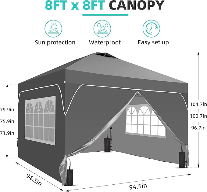 GDY 8x8FT Pop Up Canopy Tent with One Push Setup Easy to Install with 4-Sidewalls for Events Parties Camping Outdoor Gazebo with 4-Sandbags Grey.