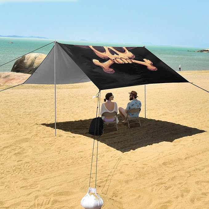 ALAZA Cartoon Pirate Skull with Bones on The Black Beach Tent Sun Shelter Portable Canopy Sunshade for Outdoor Camping Picnics Backyard Fun 10x9 ft