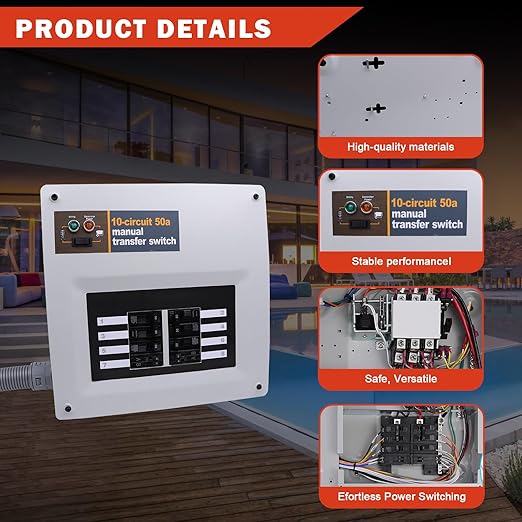 50 Amp 240V Manual Transfer Switch Kit Indoor Pre-Wired 10-Circuit Selector Compatible with Generac 9854for Portable Generators Such as XG10000E XP10000E GP15000E and GP17500E