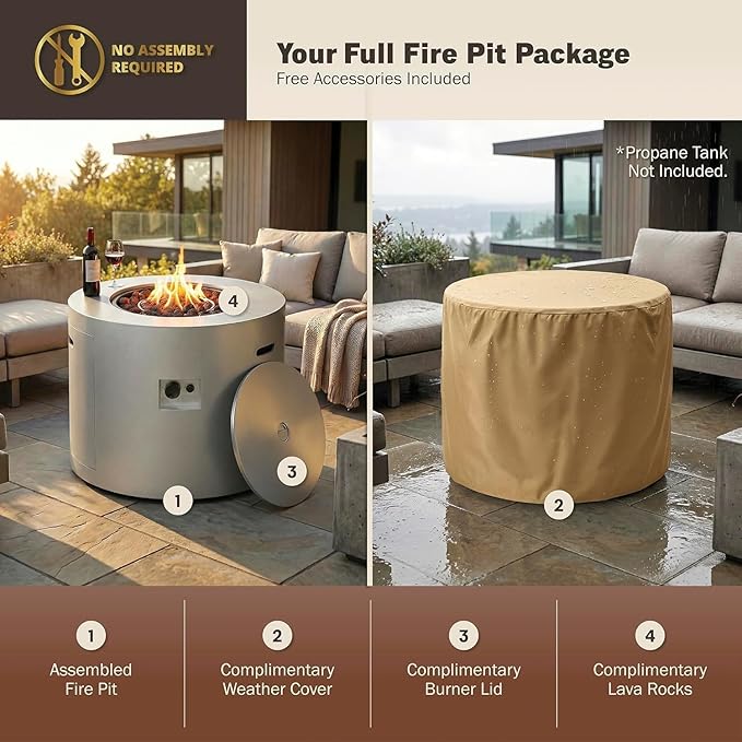 32 Smokeless Propane Fire Pit Table w/Lid Alloy Steel Round Outdoor Patio Firepit Table 50000 BTUs Lava Rocks Weatherproof Cover CSA Safety Certified for Wooden Deck Backyard and Pool