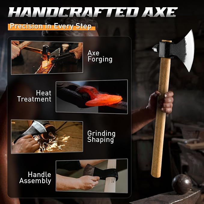 Freelander Throwing Axe with Oak Handle High Carbon Steel Blade and Metal Wedge Outdoor Hatchet with Spike Hammer Back for Camping Chopping and Throwing for Men Women