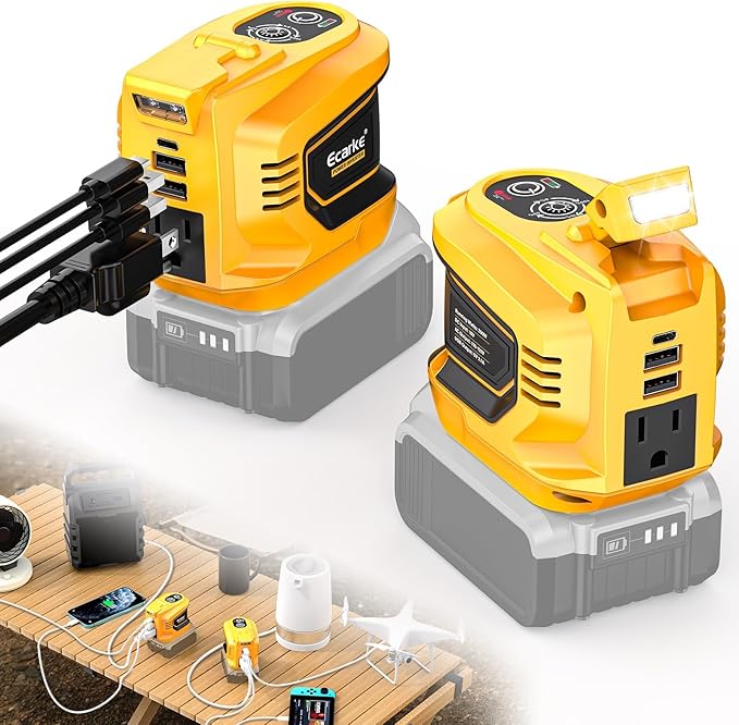 Ecarke 200W Portable Power Inverter Compatible with DeWALT 20V Battery DC 18V to AC 110V Power Station with 1 AC Outlet 2 USB 1 Type-C &amp LED Light for Outdoor Emergency Use (No Battery)(2-Pack