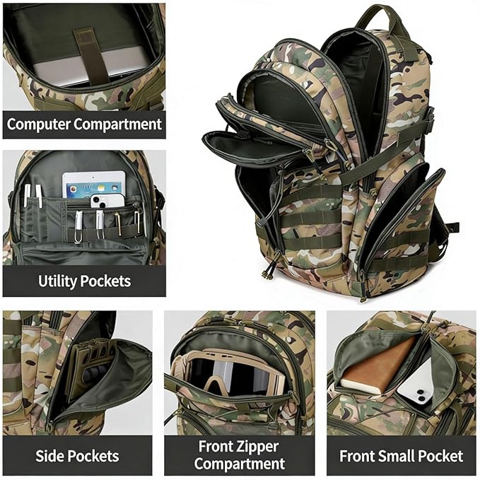 LINGYUE Tactical Camo Backpack Waterpoof Resistant Outdoor Hiking Travel Bagpack Daypack With 14 Laptop Compartment Multi-Pocket(F)