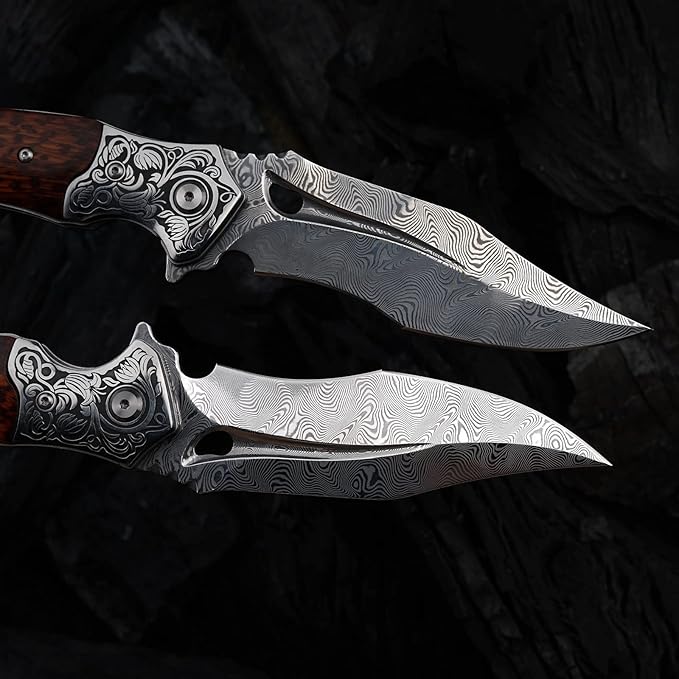 Japanese VG 10 Damascus Steel Folding Knife Outdoor Wilderness Survival Pocket Knife Snake Wood Handle Lined Lock Leather Sheath EDC Pocket Knife