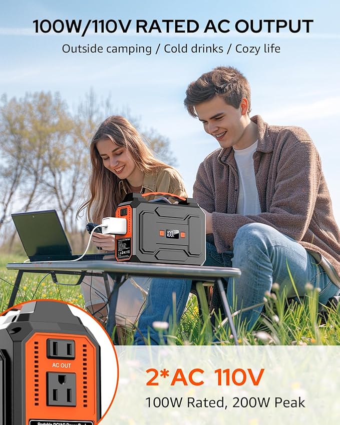 Portable Power Station Bank 146Wh 200W Peak(100W Rated) Solar Powered Power Bank with AC Outlet 110V for Camping Solar Charger Power Bank Battery Pack 39600mAh for Home Outdoor Emergency