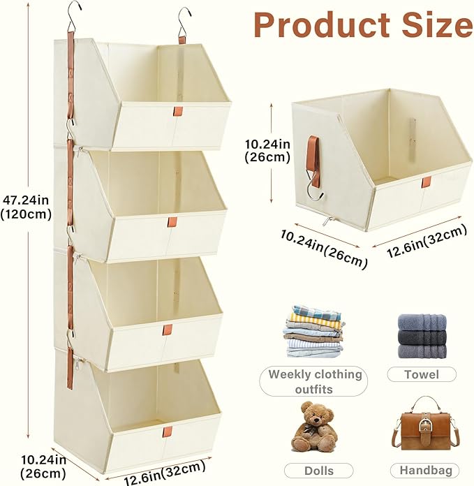 4 Tier Hanging Closet OrganizerDisassemblable Clothes Hanging ShelvesFabric Closet Organizer System for Space-SavingFoldable Storage Basket for Bedroom Rv (2 PackBeige)
