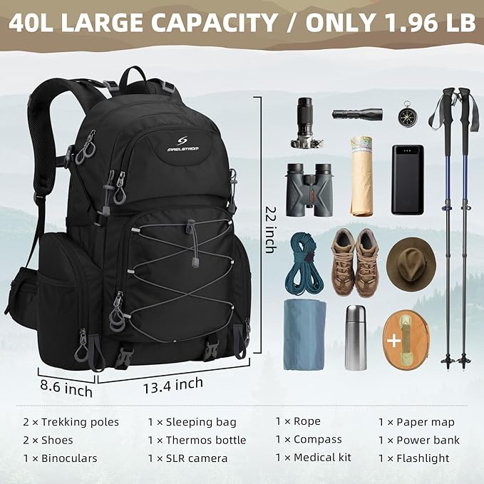 Maelstrom Hiking Backpack 40L Waterproof Camping Daypack for Men and Women Lightweight Travel Pack with Rain Cover (Black)