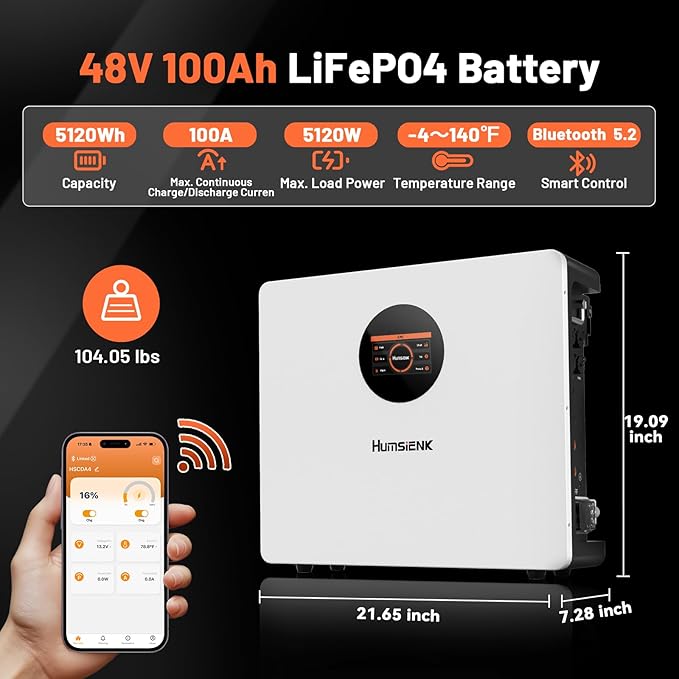 48V 100Ah LiFePO4 Lithium Battery Bluetooth with Active Balancing &amp Wall-Mounted 5.12kWh 100A BMS &amp LCD Monitor Grade A Cells 6000+ Cycles &amp 10-Year Lifespan for Home Energy Storage S
