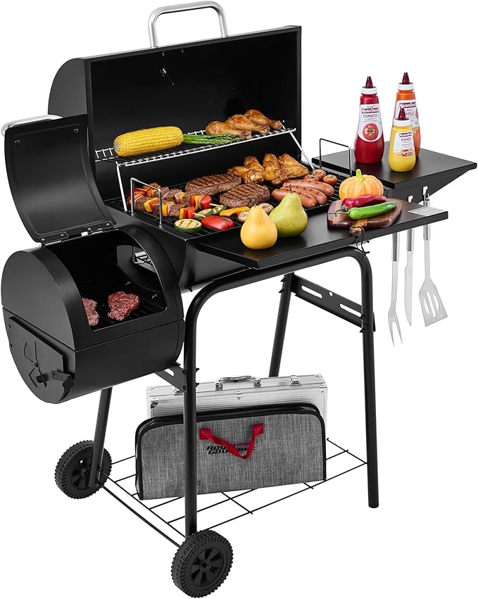 Barrel Charcoal Grill with Offset Smoker Side Shelf with Hooks Mesh Bottom Shelf Blow-Molded Wheels Outdoor Grilling and Backyard Cooking CC1624S Black