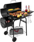 Barrel Charcoal Grill with Offset Smoker Side Shelf with Hooks Mesh Bottom Shelf Blow-Molded Wheels Outdoor Grilling and Backyard Cooking CC1624S Black
