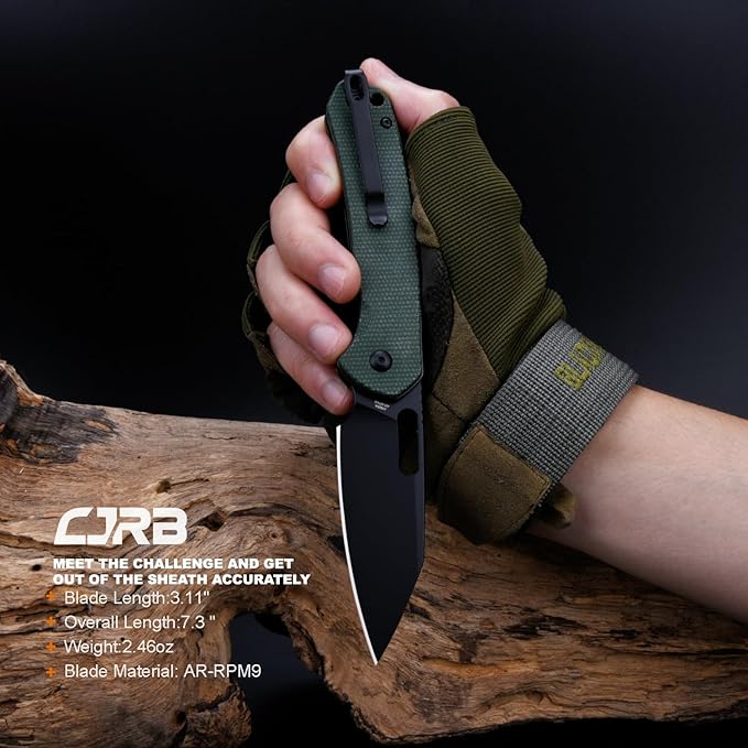 CJRB Pyrite-Alt (J1925A) Folding Pocket Knife with 3.11'' Black PVD AR-RPM9 Wharncliffe Blade Dark Green Micarta HandleButton Lock EDC Knife with Thumb Hole for TacticalOutdoorHiking and Gift