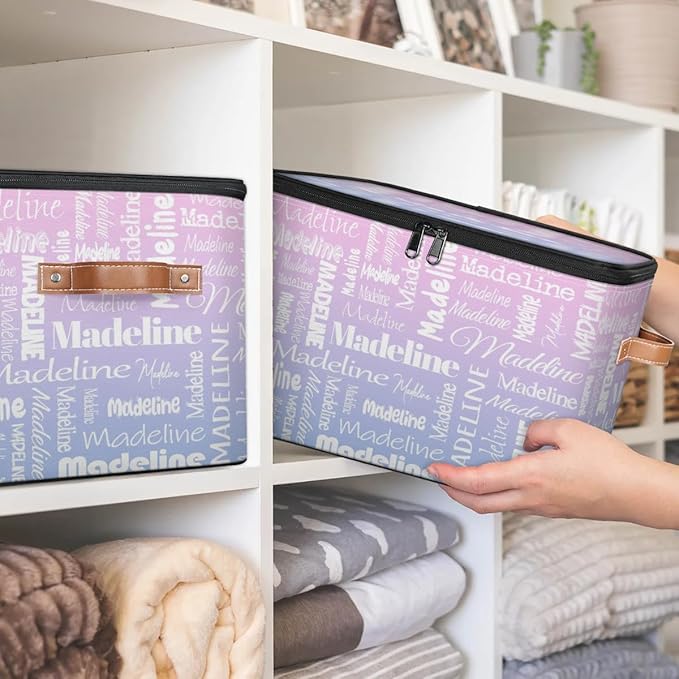 Custom Storage Basket with Name Personalized Keepsake Box with Zipper Lid Foldable Fabric Memory Bin Large capacity with Handle Pink Purple