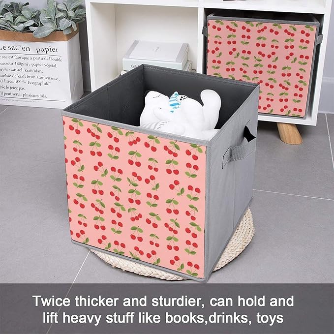 Fabric Cube Storage Bins with Handles Pink Cherry Fruit Theme Cherries Foldable Collapsible Organizer for Shelving Units Decorative Box for Living Room &amp Bedroom Decor