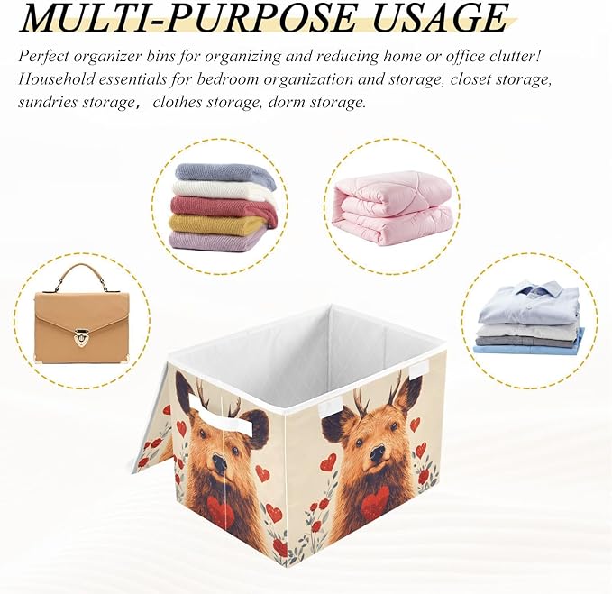 AIXIWAWA Lidded Storage Cube (Cute Deer Heart) Fabric Foldable Closet Bins with Flip Lid and Handles Organizer Basket Container 16.5 x 12.6 x 11.8 IN