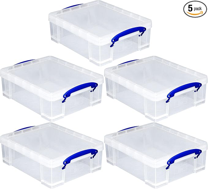 Really Useful Box Stackable 8.1 Liter Plastic Storage Container Bin with Snap Lid &amp Built-In Clip Lock Handles for Home &amp Office Organization (5 Pack)