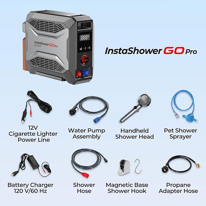 FOGATTI InstaShower GO Pro Portable Propane Hot Shower System 22000 BTU Instant Water Heater with 5000mAh Built-in Battery 12V Pump All-in-One Outdoor Shower for Camping Pets &amp Off-Grid Use