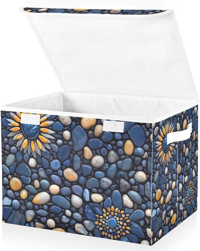Storage Cube with Lid Pebble Blue Print 16.5×12.6×11.8 IN 1 Pack Collapsible Large Capacity Foldable Storage Basket Bin Organizer