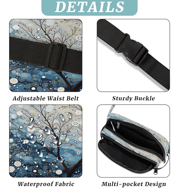Abstract Hand Painted Tree Waterproof Fanny Pack for Women Men Adjustable Waist Bag with Double Zipper Pockets Lightweight Square Hip Pack for Running Travel Hiking Workout Cycling