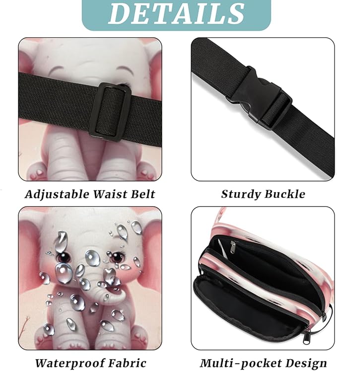 Cute Cartoon Elephant Waterproof Fanny Pack for Women Men Adjustable Waist Bag with Double Zipper Pockets Lightweight Square Hip Pack for Running Travel Hiking Workout Cycling
