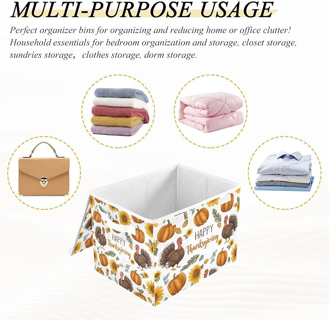 Storage Bins with Lids Storage Containers Box Organizer Bin Basket with Handles for Closet Shelves Clothes Stackable Foldable Decorative Thanksgiving Turkeys Sunflowers White