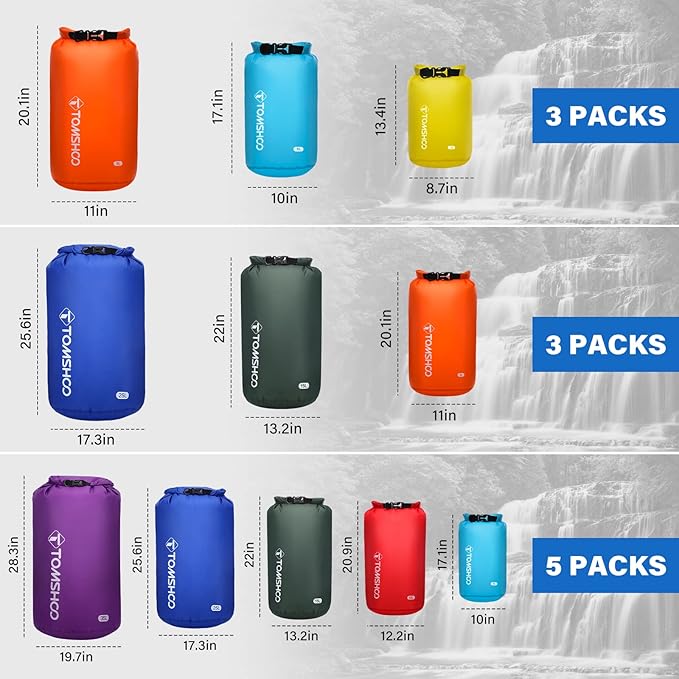 TOMSHOO Dry Bag 3-Pack/5-Pack Lightweight Waterproof Bags Roll Top Sack Set Keeps Gear Dry for Hiking Beach Fishing Kayaking Boating Swimming Camping