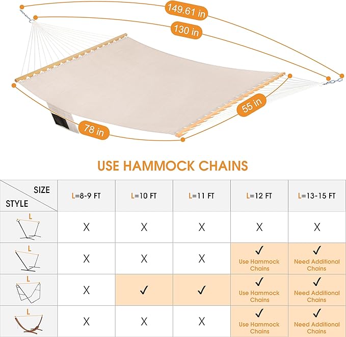Lazy Daze Hammocks 11 FT Double Outside Hammock Quick Dry Olefin Fabric Hammock with Spreader Bar &amp Side Pocket for Outdoor Poolside Backyard 450 lbs Capacity Beige