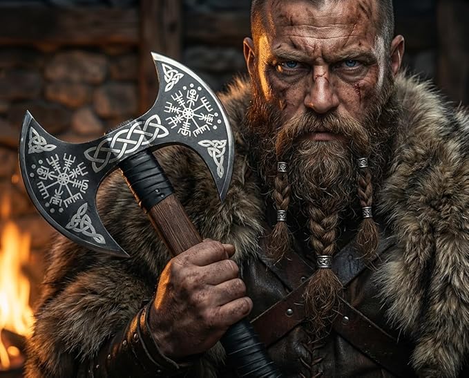 FORGE HIDE - Double Headed Viking Axe 27 High Carbon Steel Norse Dane Axe with Ash Wood Straight Shaft Scandinavian Nordic Axe Leather Scabbard Gift for Men
