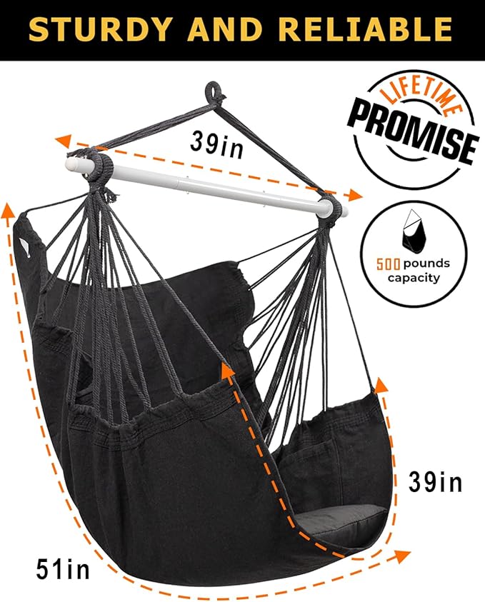 ADVOKAIR Hammock Chair Swing Heavy-Duty Hanging Rope Swing Seat Supports 500 Lbs Ideal for Outdoor Patio Backyard Porch Deck &amp Indoor Bedroom Use
