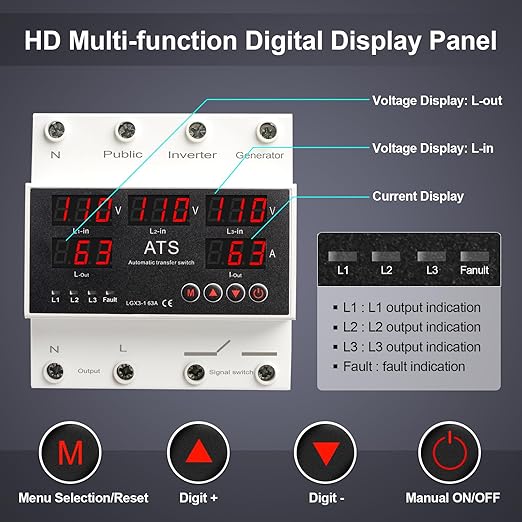 4P 63A 110V ATS Automatic Transfer Switch - L1 Priority Phase Selector 50/60Hz Din Rail Mount CE Certified for Public Inverter Generator Use