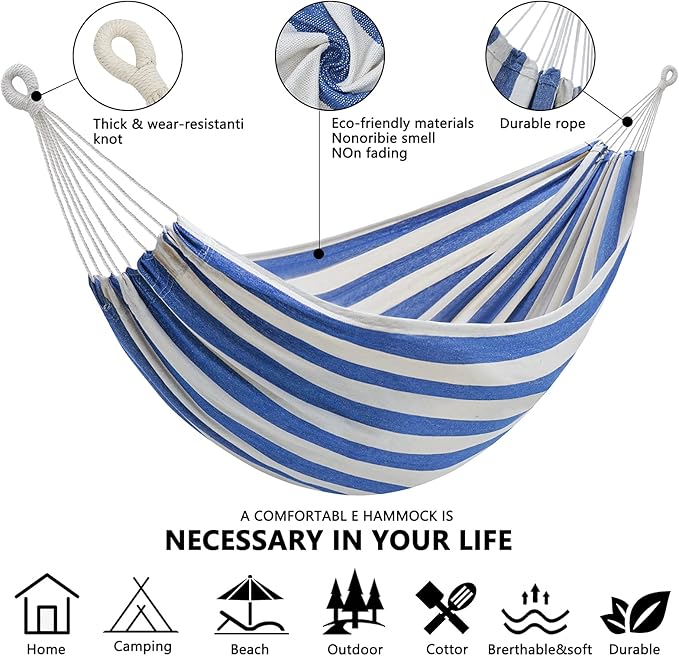 Double Hammock Brazilian Hammocks with Portable Carrying BagSoft Cotton Fabric Up to 450 Lbs Hanging for PatioTreesGardenBackyardPorchOutdoor and Indoor XXX-Large Stripe (Blue-White)