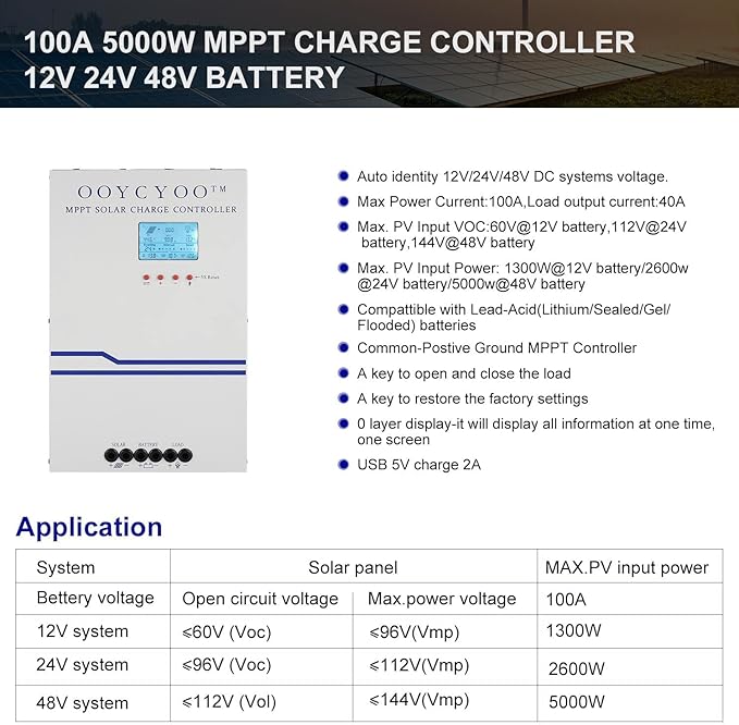 100 Amp MPPT Solar Charge Controller 48V 36V 24V 12V AutoPV 150V Max Input Solar Panel  100A Solar Panel Regulator Max Input Power 5000W for AGM Sealed Gel Flooded Lithium Battery