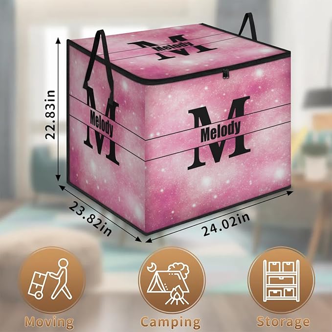 Personalized Extra Large Storage Bins with Lid Customized Name Jumbo Storage Basket Rectangle Clothes Organizer for Organizing Kids and Pets Toys Shelf Closet Pink Galaxy with Initial Letter
