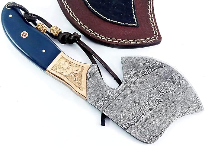 Dessi Handmade Damascus Steel Axe Hatchet Blue Micarta Handle Brass Eagle Engraving Leather Sheath Camping Bushcraft EDC Tomahawk Gift Men SM46