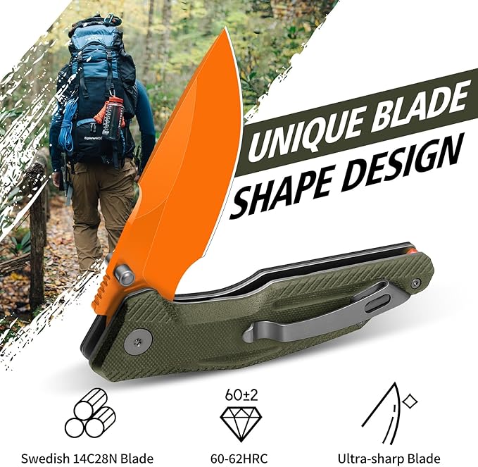 FINTISO Pocket Knife 3.26 Premium 14C28N Blade G10 Handle with Fire Starter Function Folding Knife with Pocket Clip for Men Women EDC Knife for Outdoor Camping Hunting Hiking Survival Falcon S